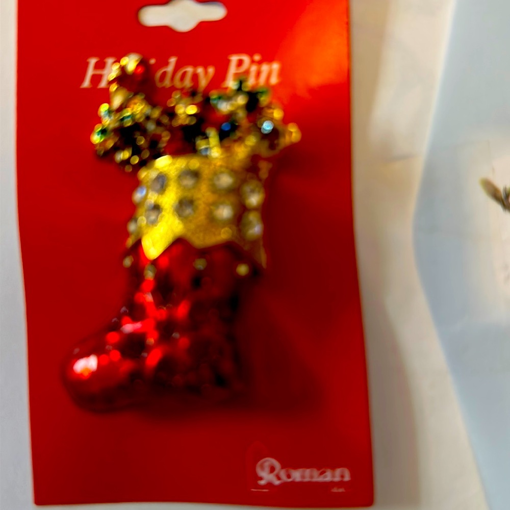 Holiday stocking pin with red, clear crystals & gold tone NEW
